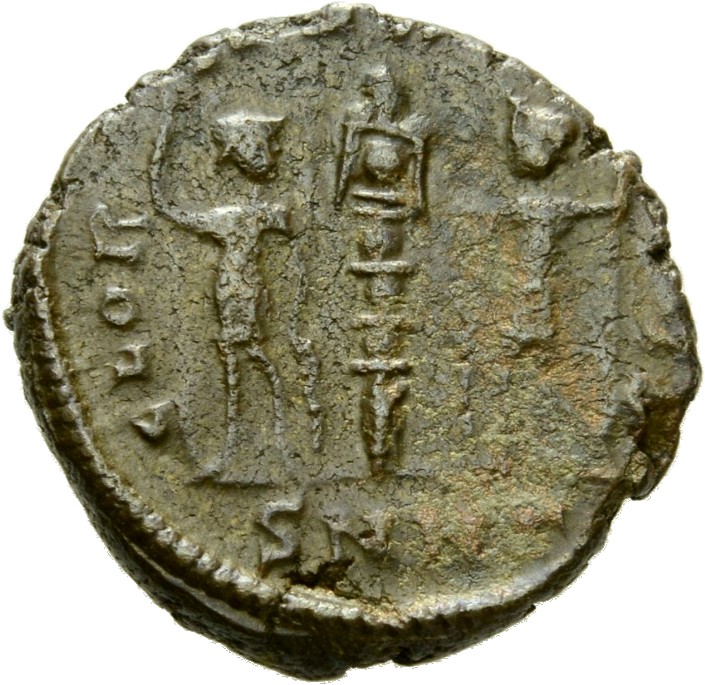 RIC VIII Nicomedia 10 Constantius II reverse, Two soldiers, helmeted, draped, cuirassed, facing front, heads toward each o...