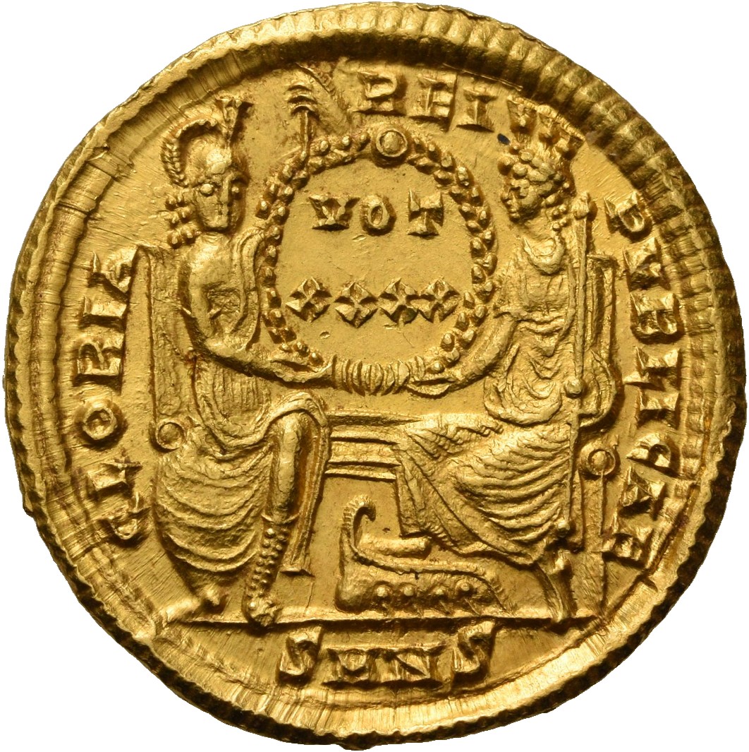 RIC VIII Nicomedia 100 Constantius II reverse, Roma, helmeted, draped, enthroned front, and Constantinopolis, draped, enth...