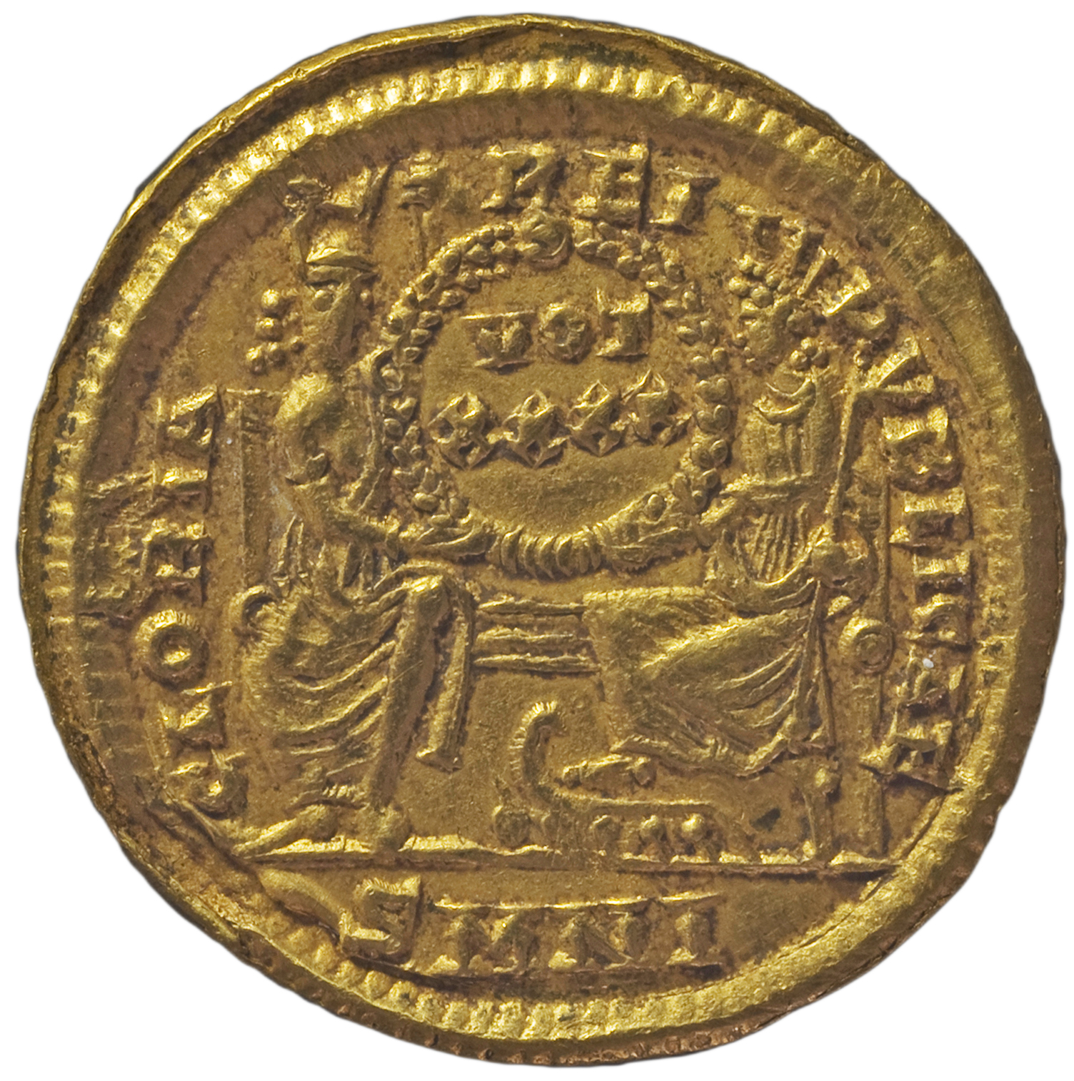 RIC VIII Nicomedia 100 Constantius II reverse, Roma, helmeted, draped, enthroned front, and Constantinopolis, draped, enth...