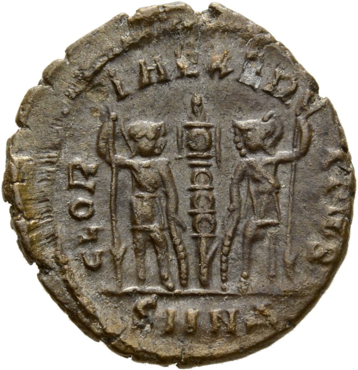 RIC VIII Nicomedia 11 Constantius II reverse, Two soldiers, helmeted, draped, cuirassed, facing front, heads toward each o...