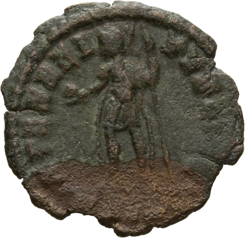 RIC VIII Nicomedia 112 Constantius II reverse, Constantius II, helmeted, draped, cuirassed, standing left, holding globe i...