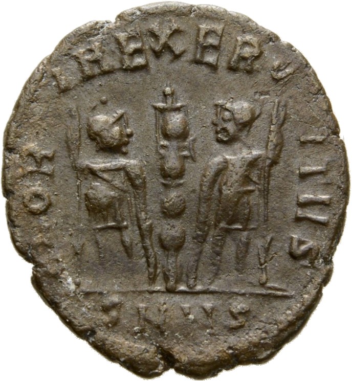 RIC VIII Nicomedia 15 Constantius II reverse, Two soldiers, helmeted, draped, cuirassed, facing front, heads toward each o...