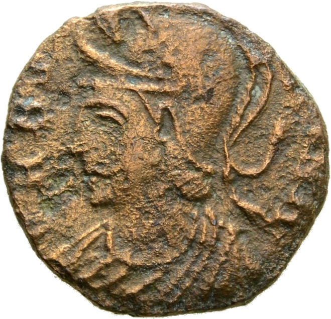 RIC VIII Nicomedia 16 Constantius II obverse, Bust of Roma, visored with crested helmet, wearing ornamental mantle, left