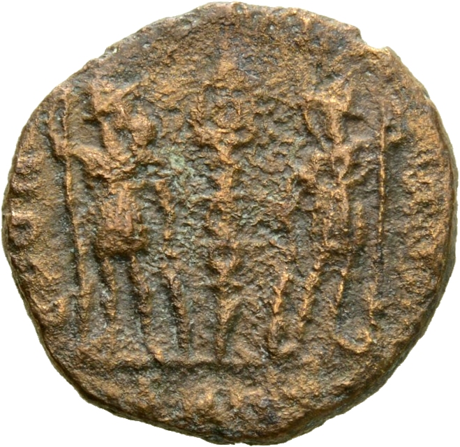 RIC VIII Nicomedia 16 Constantius II reverse, Two soldiers, helmeted, draped, cuirassed, facing front, heads toward each o...