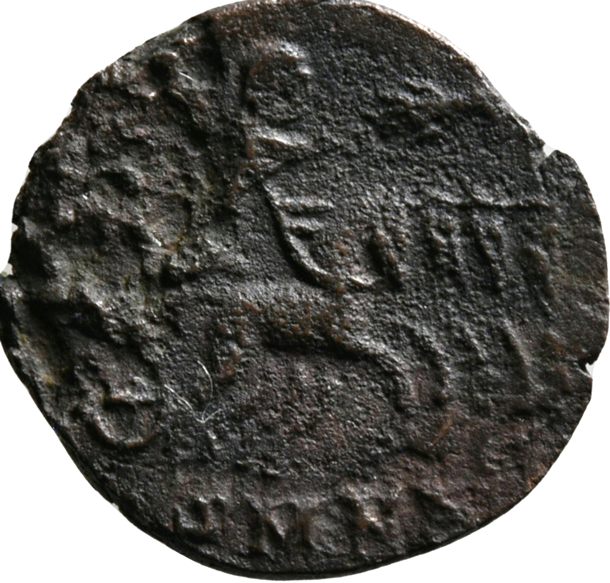 RIC VIII Nicomedia 18 Constantius II reverse, Constantine I, veiled, draped, riding right in quadriga; Hand of God reaches...
