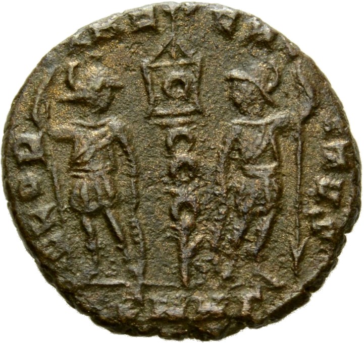 RIC VIII Nicomedia 21 Constantius II reverse, Two soldiers, helmeted, draped, cuirassed, facing front, heads toward each o...