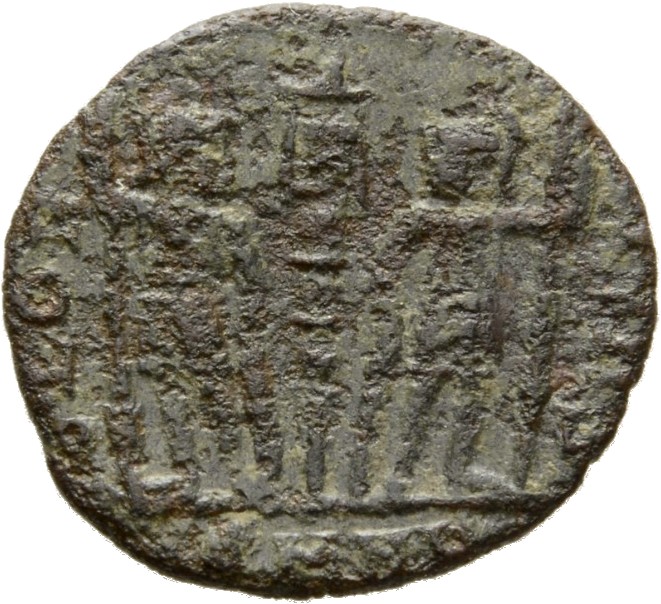 RIC VIII Nicomedia 24 Constantius II reverse, Two soldiers, helmeted, draped, cuirassed, facing front, heads toward each o...