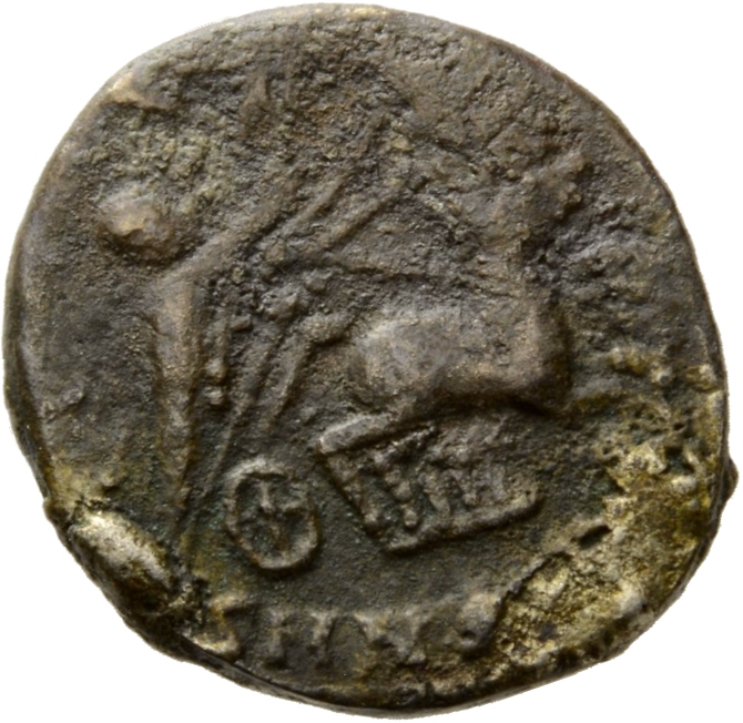 RIC VIII Nicomedia 25 Constantius II reverse, Constantine I, veiled, draped, riding right in quadriga; Hand of God reaches...