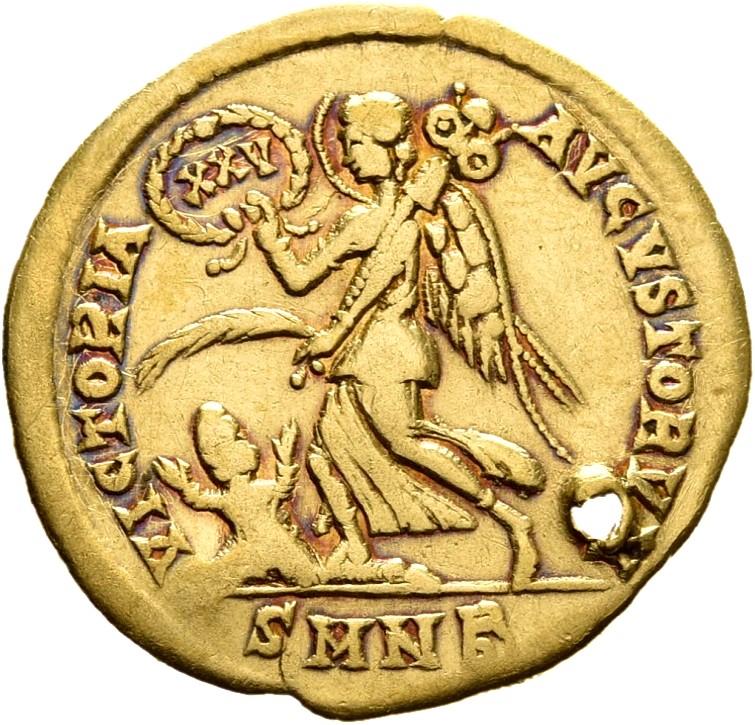 RIC VIII Nicomedia 26 Constantius II reverse, Victory, winged, draped, hastening left, holding wreath inscribed XXV in rig...