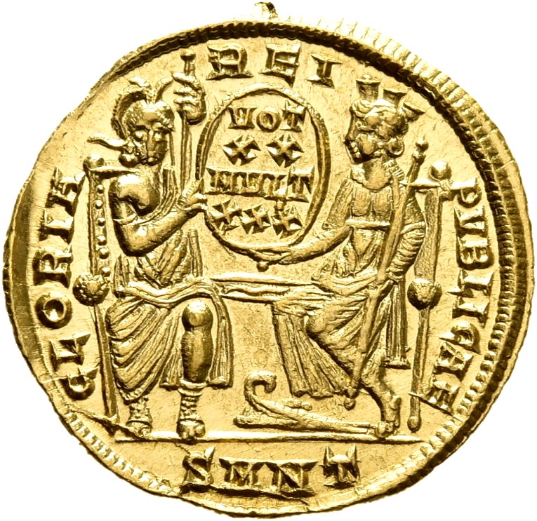 RIC VIII Nicomedia 32 Constantius II reverse, Roma, helmeted, draped, enthroned front, and Constantinopolis, draped, enthr...