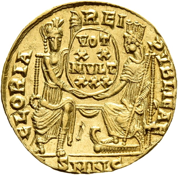 RIC VIII Nicomedia 32 Constantius II reverse, Roma, helmeted, draped, enthroned front, and Constantinopolis, draped, enthr...