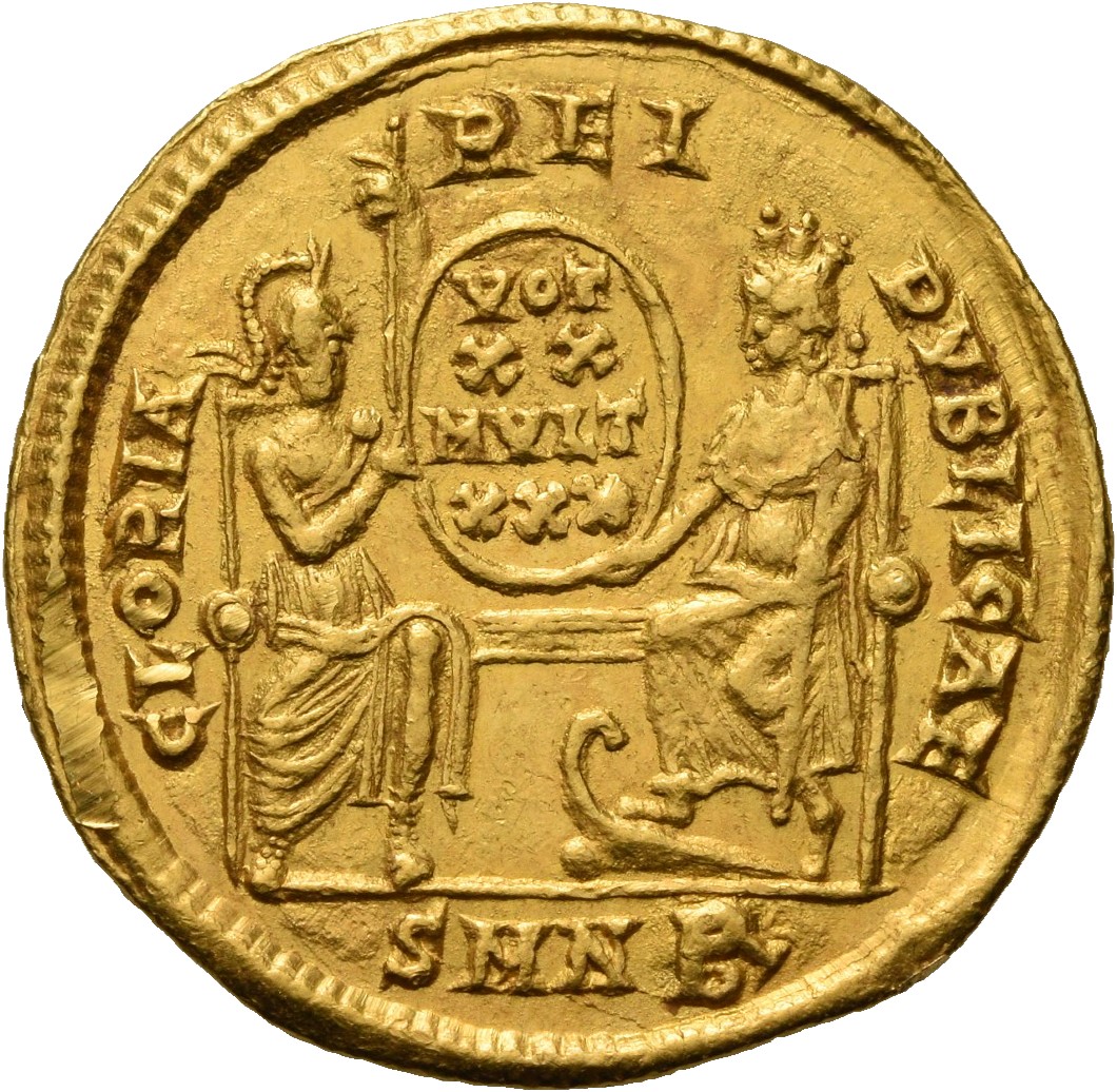 RIC VIII Nicomedia 34 Constantius II reverse, Roma, helmeted, draped, enthroned front, and Constantinopolis, draped, enthr...
