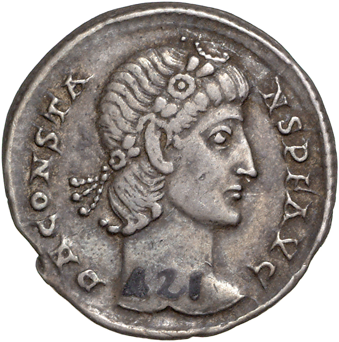 RIC VIII Nicomedia 44 Constantius II obverse, Head of Constans, laureate, rosette-diademed, right