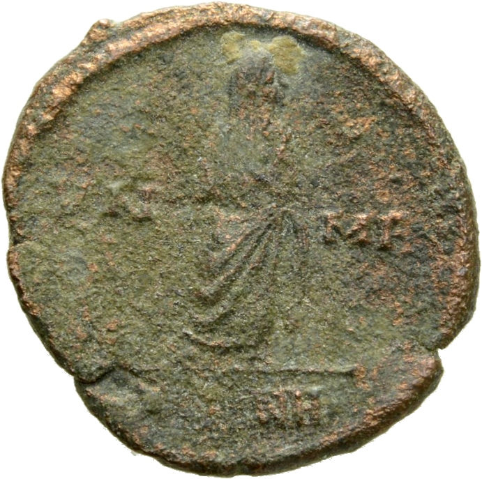 RIC VIII Nicomedia 48 Constantius II reverse, Constantine I, veiled, draped, standing right, raising left hand