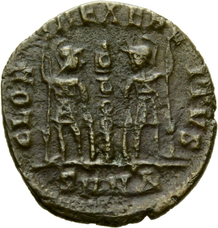 RIC VIII Nicomedia 5 Constantius II reverse, Two soldiers, helmeted, draped, cuirassed, facing front, heads toward each ot...