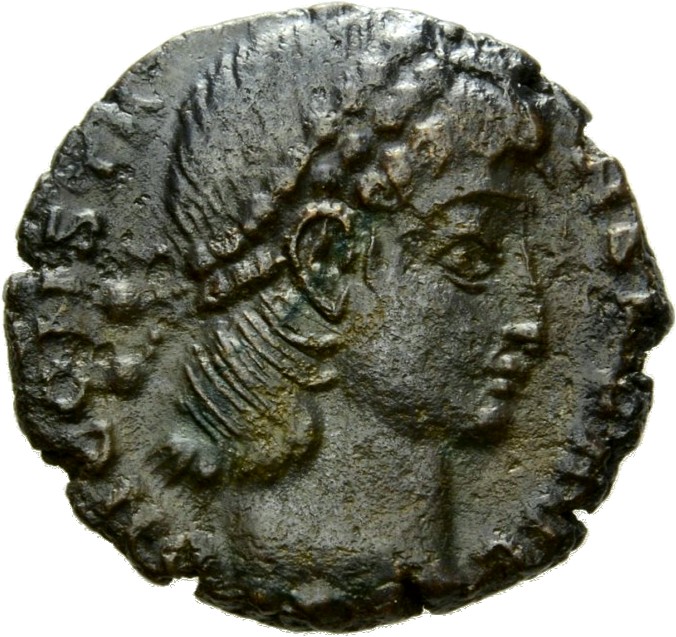 RIC VIII Nicomedia 51 Constantius II obverse, Head of Constans, pearl-diademed, right