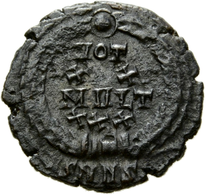 RIC VIII Nicomedia 51 Constantius II reverse, VOT/XX/MVLT/XXX within a wreath