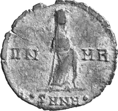 RIC VIII Nicomedia 54 Constantius II reverse, Constantine I, veiled, draped, standing right, raising left hand