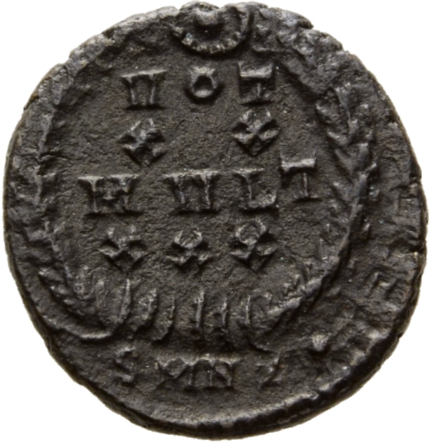 RIC VIII Nicomedia 58 Constantius II reverse, VOT/XX/MVLT/XXX within a wreath