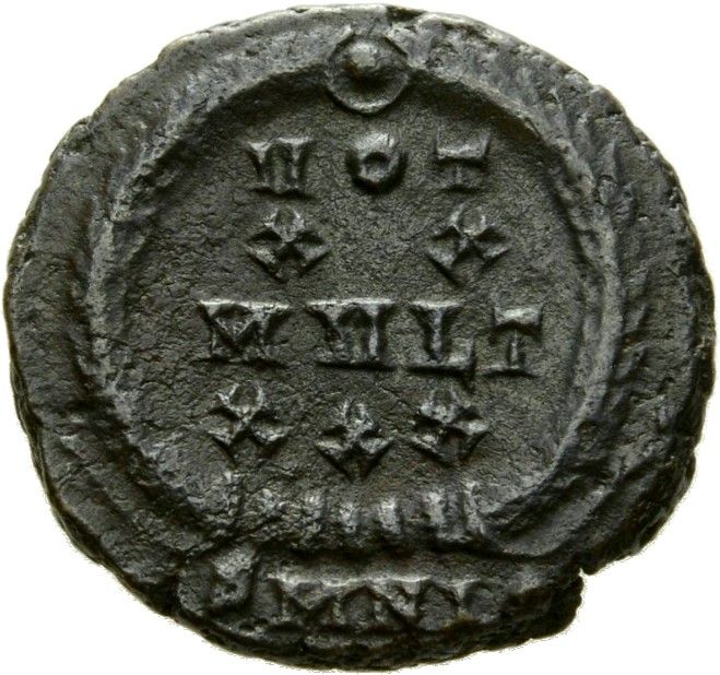 RIC VIII Nicomedia 58 Constantius II reverse, VOT/XX/MVLT/XXX within a wreath