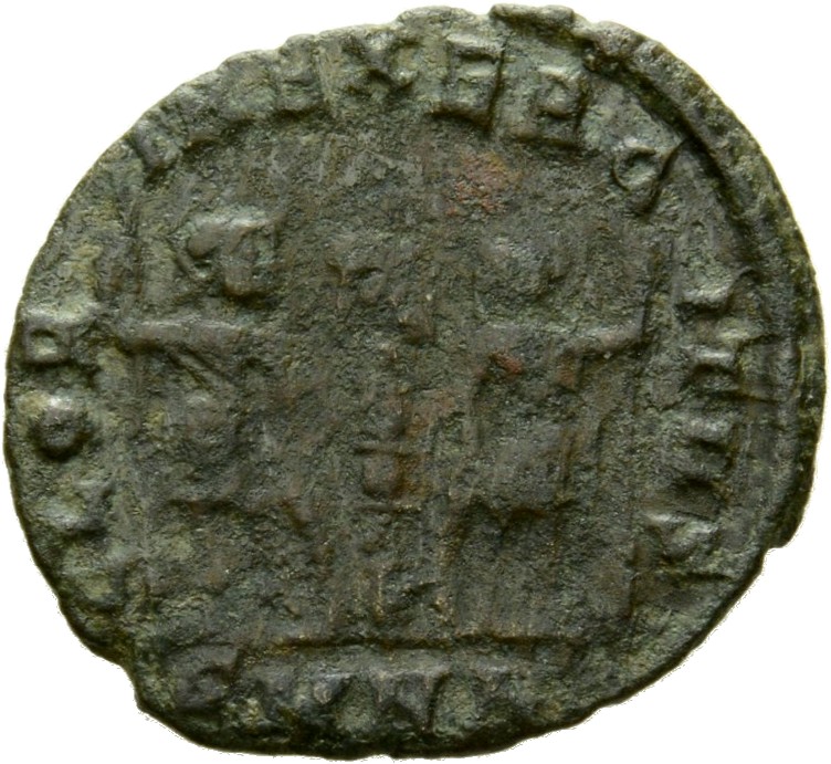 RIC VIII Nicomedia 6 Constantius II reverse, Two soldiers, helmeted, draped, cuirassed, facing front, heads toward each ot...