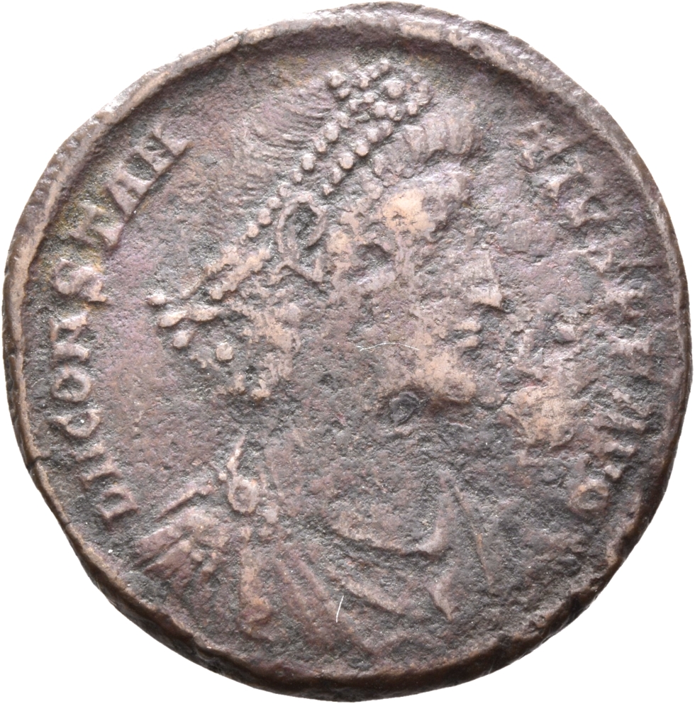 RIC VIII Nicomedia 62 Constantius II obverse, Bust of Constantius II, pearl-diademed, draped, cuirassed, right