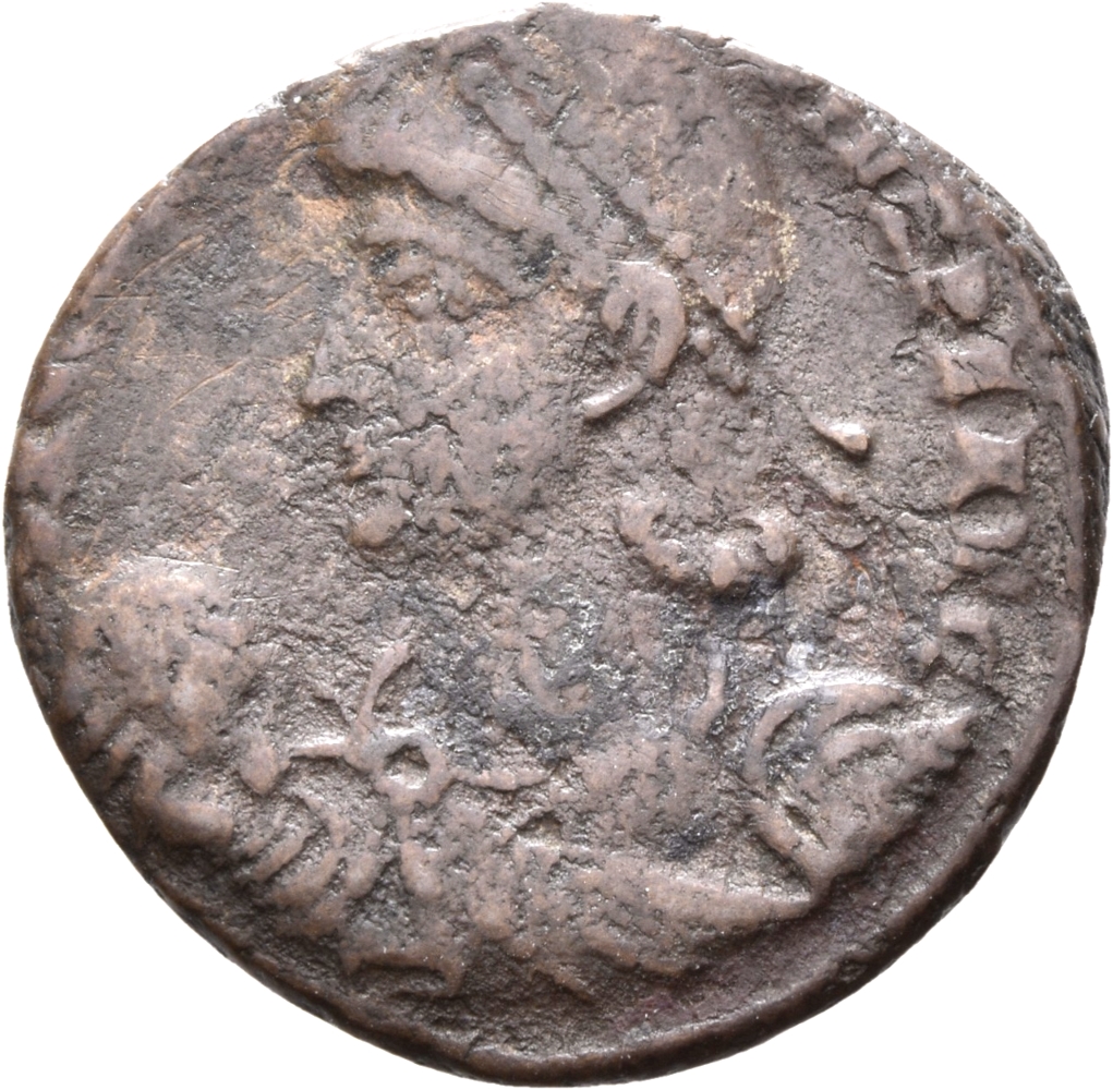 RIC VIII Nicomedia 67 Constantius II obverse, Bust of Constantius II, pearl-diademed, draped, cuirassed, left, holding glo...