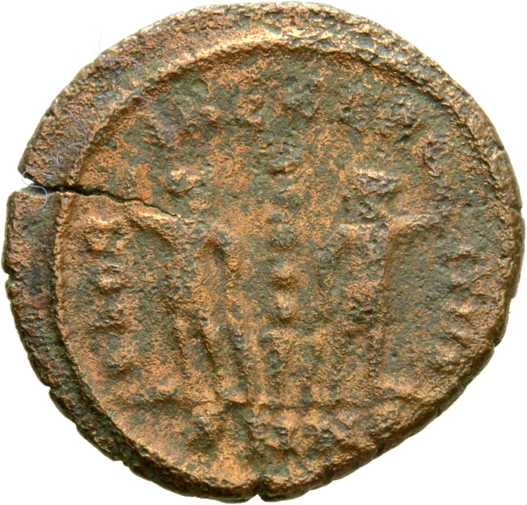 RIC VIII Nicomedia 7 Constantius II reverse, Two soldiers, helmeted, draped, cuirassed, facing front, heads toward each ot...