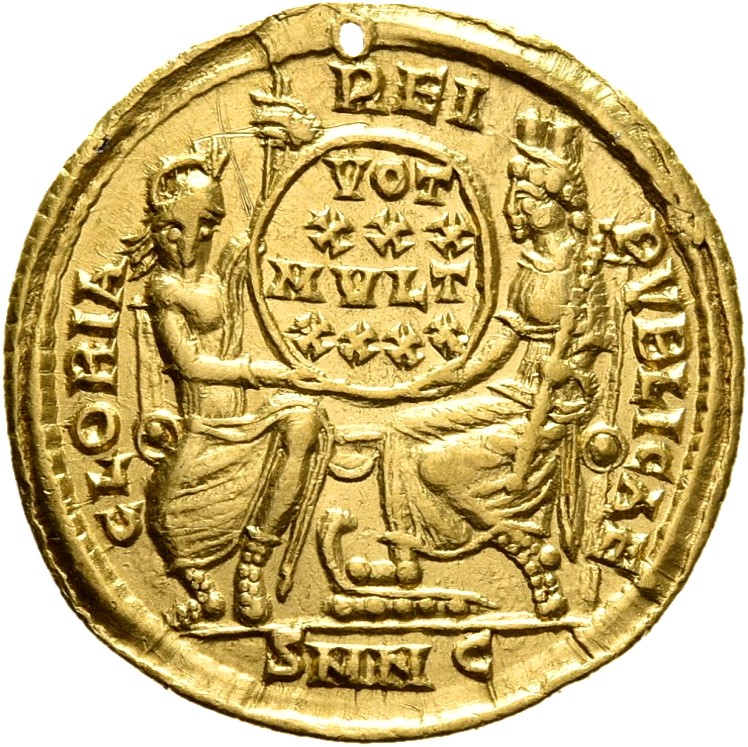 RIC VIII Nicomedia 74 Constantius II reverse, Roma, helmeted, draped, enthroned front, and Constantinopolis, draped, enthr...