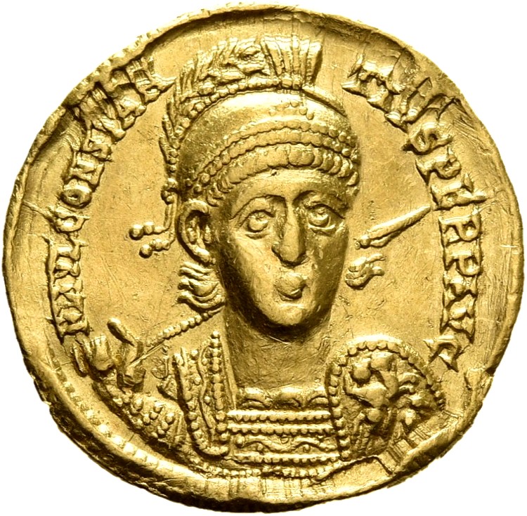 RIC VIII Nicomedia 74 Constantius II obverse, Bust of Constantius II, pearl-diademed, wearing crested and diademed helmet,...