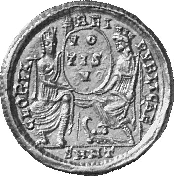 RIC VIII Nicomedia 75 Constantius II reverse, Roma, helmeted, draped, enthroned front, and Constantinopolis, draped, enthr...