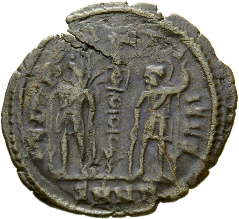 RIC VIII Nicomedia 8 Constantius II reverse, Two soldiers, helmeted, draped, cuirassed, facing front, heads toward each ot...