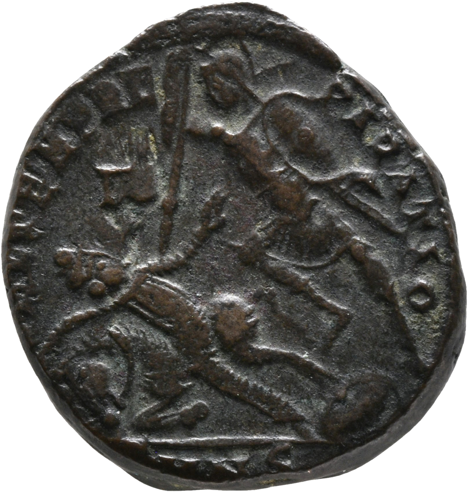 RIC VIII Nicomedia 84 Constantius II reverse, Soldier, helmeted, draped, cuirassed, advancing left, spearing fallen horsem...