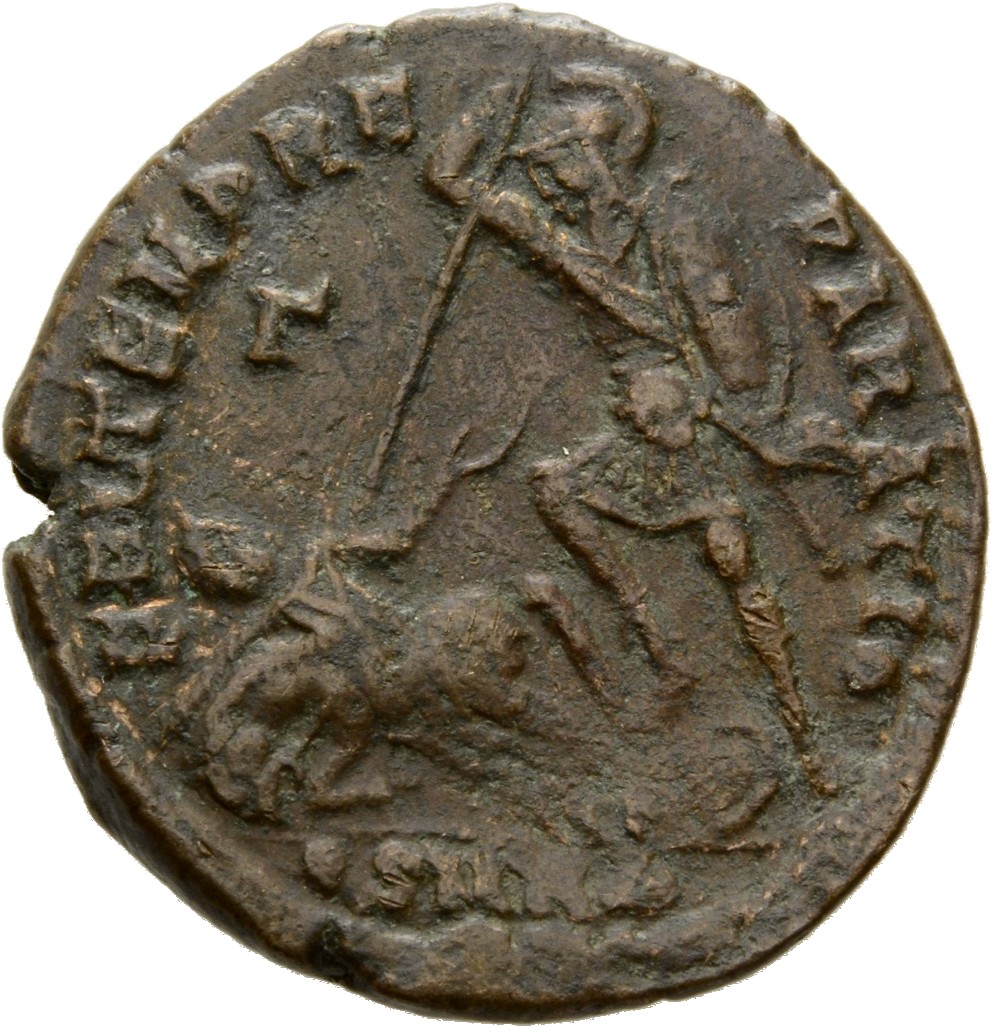 RIC VIII Nicomedia 86 Constantius II reverse, Soldier, helmeted, draped, cuirassed, advancing left, spearing fallen horsem...