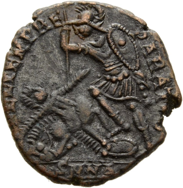 RIC VIII Nicomedia 97 Constantius II reverse, Soldier, helmeted, draped, cuirassed, advancing left, spearing fallen horsem...