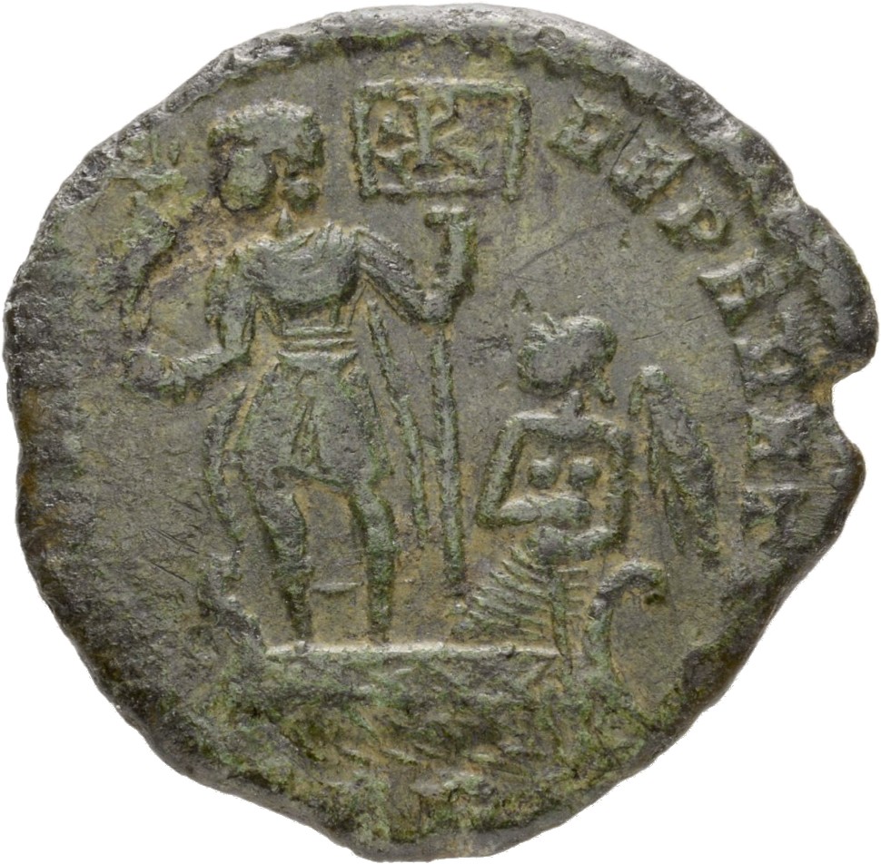 RIC VIII Rome 107 Constans reverse, Constantius II, draped, cuirassed, standing left on galley, holding phoenix on globe i...