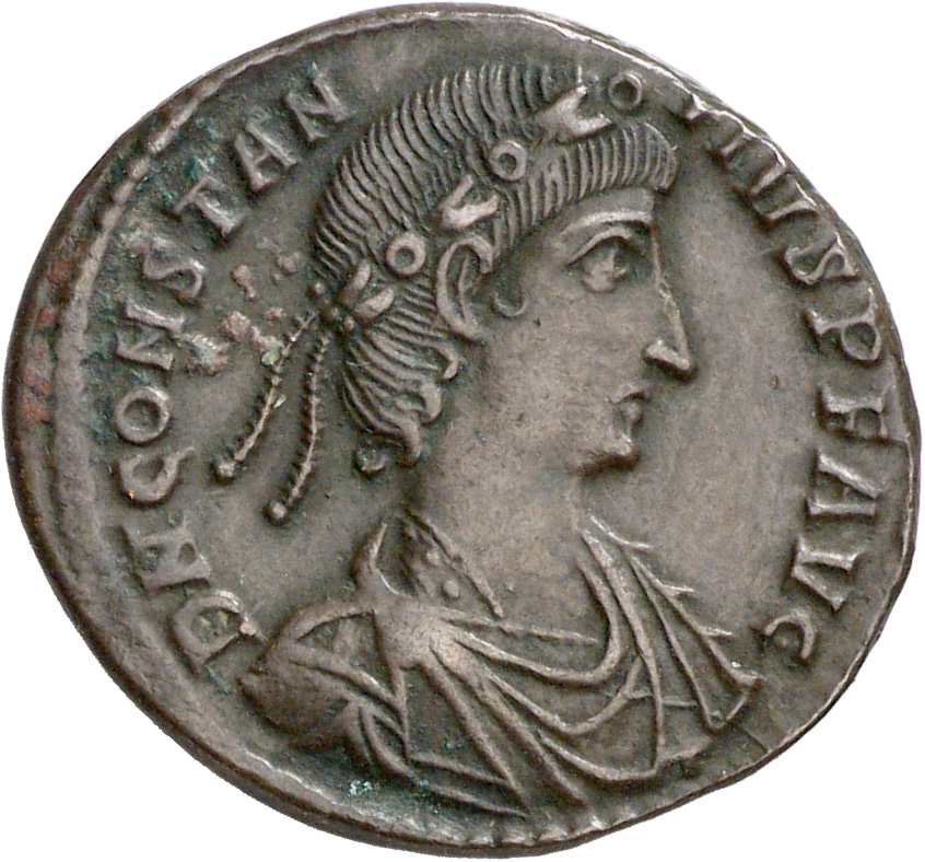 RIC VIII Rome 116 Constans obverse, Bust of Constantius II, laureate, rosette-diademed, draped, cuirassed, right