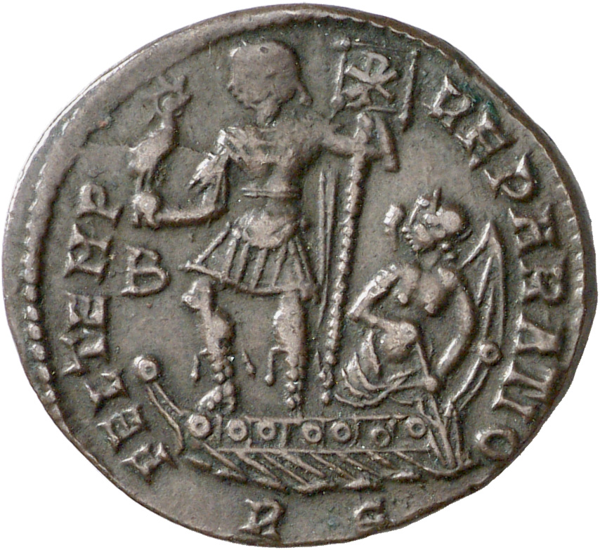 RIC VIII Rome 116 Constans reverse, Constantius II, draped, cuirassed, standing left on galley, holding phoenix on globe i...