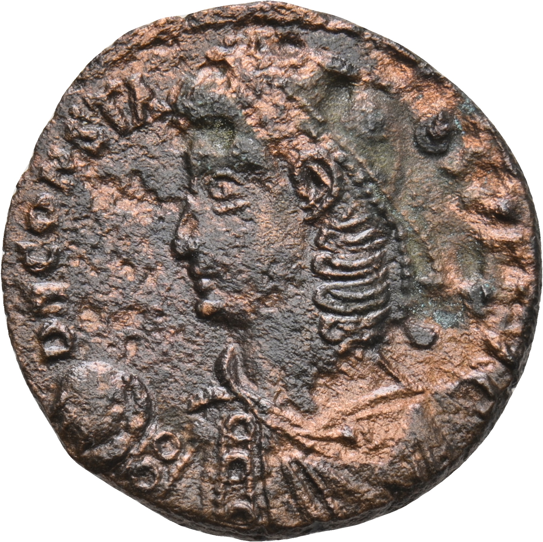 RIC VIII Rome 139 Constans obverse, Bust of Constantius II, pearl-diademed, draped, cuirassed, left, holding globe in righ...