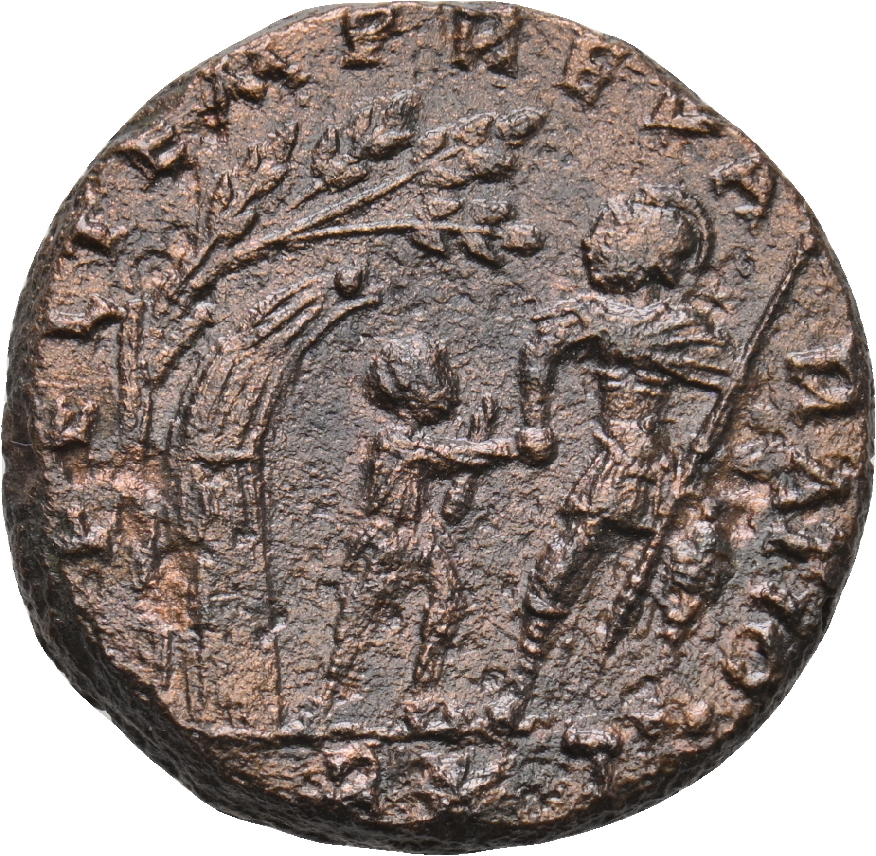 RIC VIII Rome 139 Constans reverse, Soldier, helmeted, draped, cuirassed, advancing right, head left, leading small bare-h...