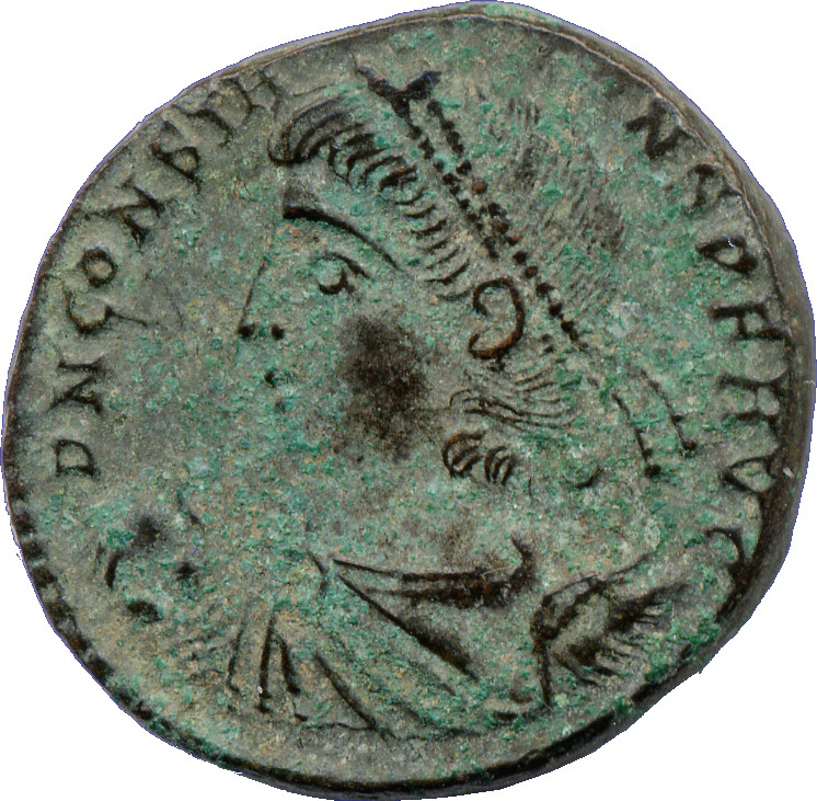 RIC VIII Rome 140 Constans obverse, Bust of Constans, pearl-diademed, draped, cuirassed, left, holding globe in right hand