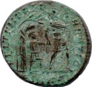 RIC VIII Rome 140 Constans reverse, Soldier, helmeted, draped, cuirassed, advancing right, head left, leading small bare-h...