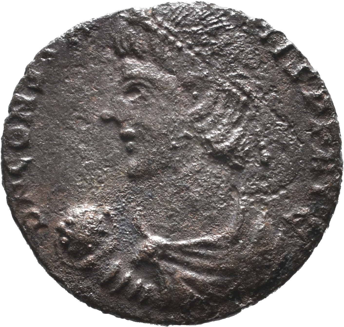 RIC VIII Rome 140 Constans obverse — Bust of Constans, pearl-diademed, draped, cuirassed, left, holding globe in right hand