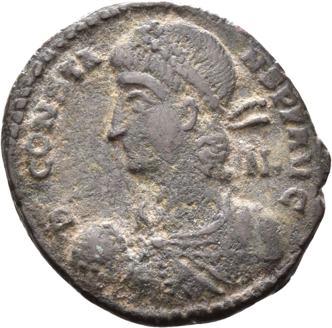RIC VIII Rome 15 Constantine II obverse, Bust of Constantius II, laureate, rosette-diademed, draped, cuirassed, right