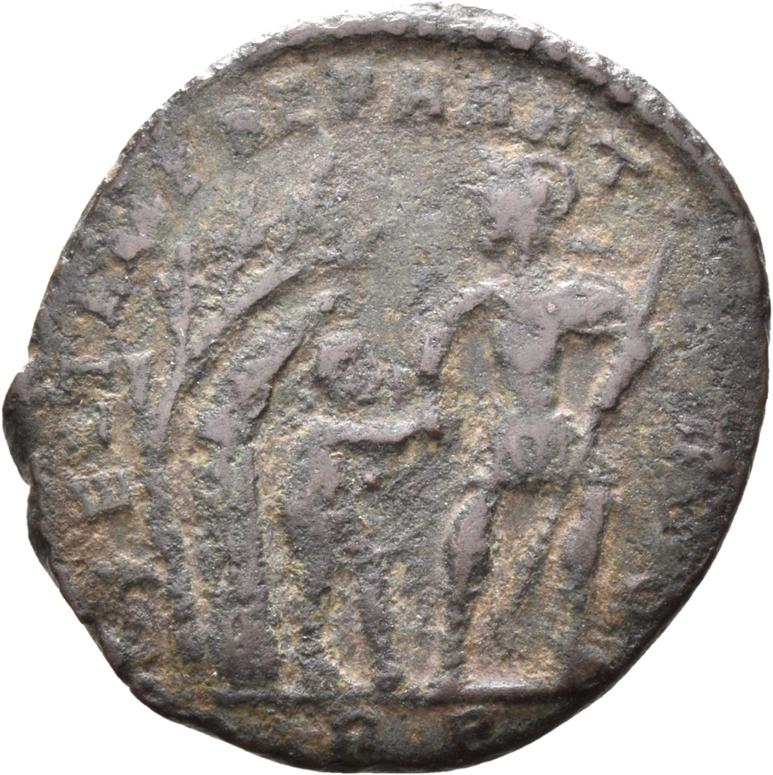 RIC VIII Rome 15 Constantine II reverse, Securitas, draped, standing front, head right, legs crossed, holding sceptre in r...