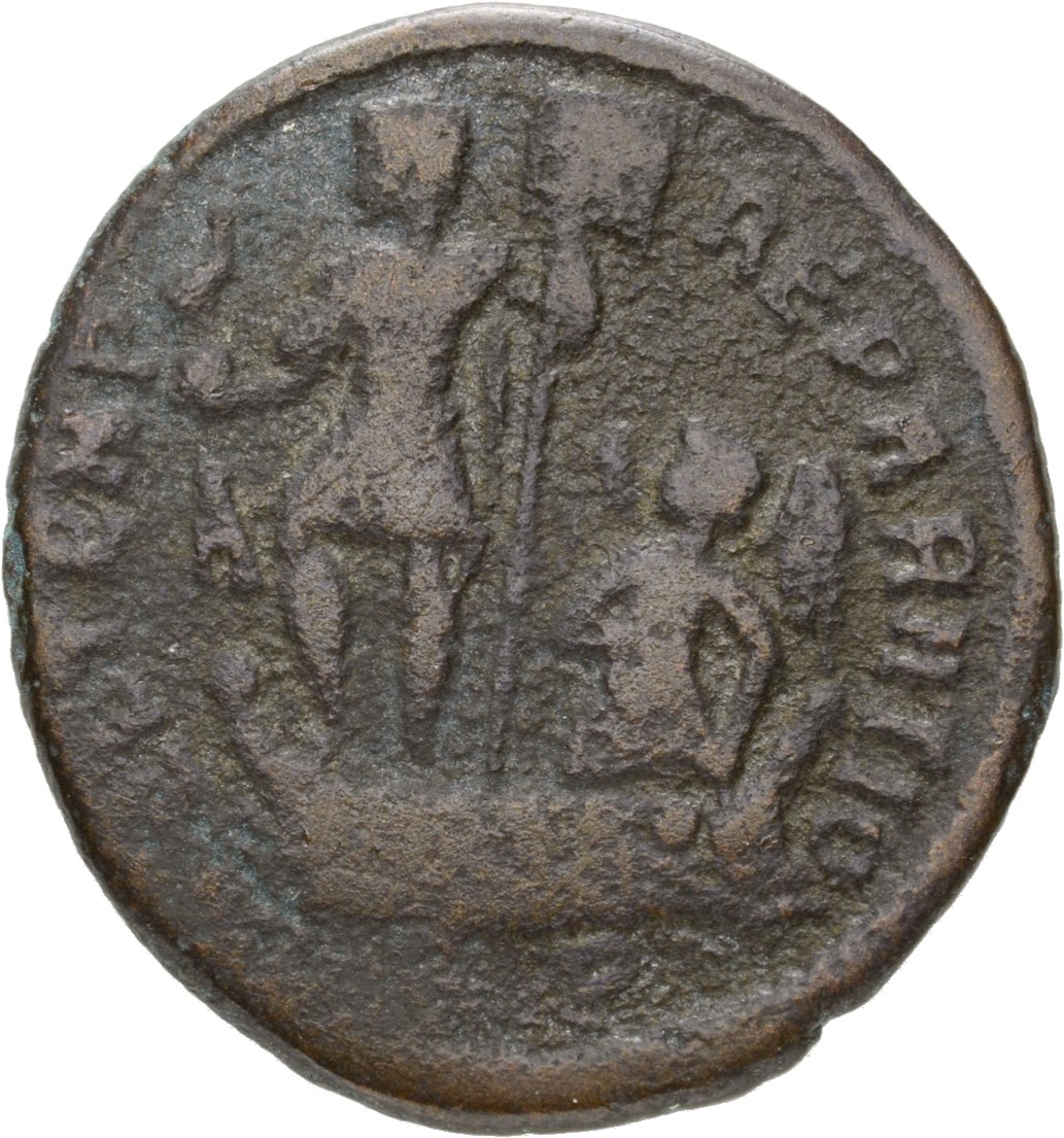 RIC VIII Rome 150 Constans reverse, Constantius II, draped, cuirassed, standing left on galley, holding phoenix on globe i...