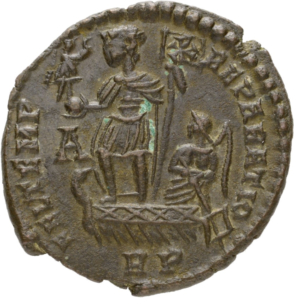 RIC VIII Rome 151 Constans reverse, Constans, draped, cuirassed, standing left on galley, holding phoenix on globe in righ...