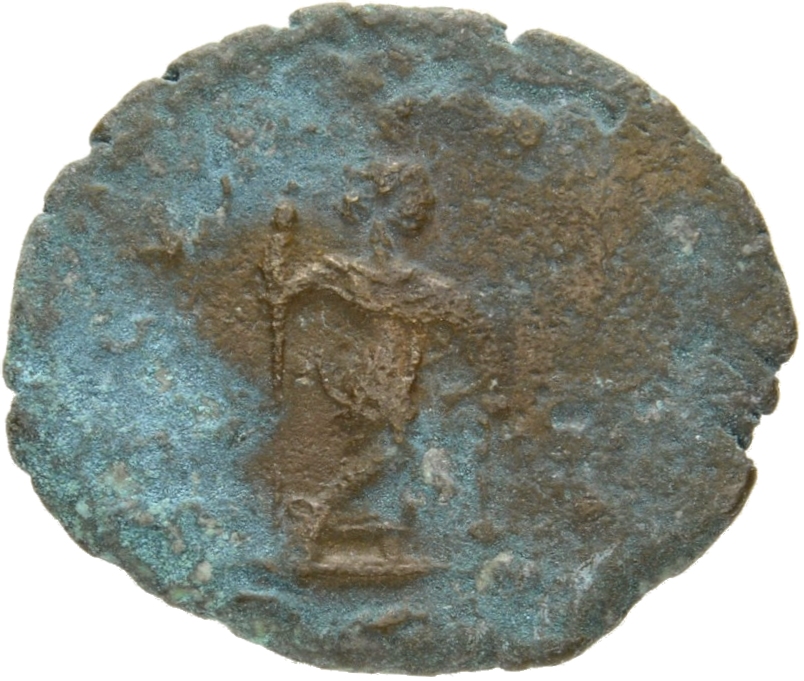 RIC VIII Rome 16 Constantine II reverse, Securitas, draped, standing front, head right, legs crossed, holding sceptre in r...