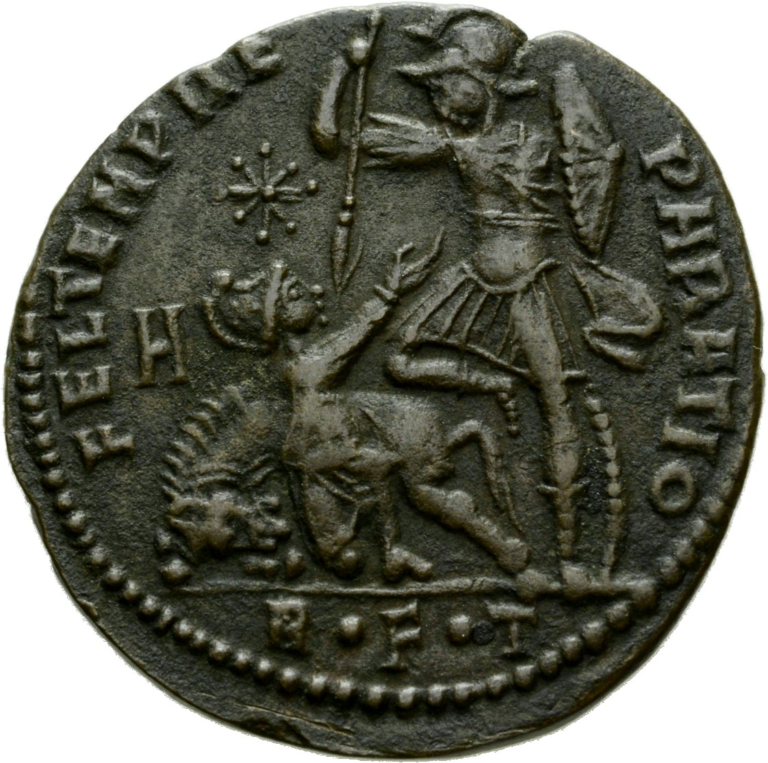 RIC VIII Rome 176 Magnentius reverse, Soldier, helmeted, draped, cuirassed, advancing left, spearing fallen horseman with ...