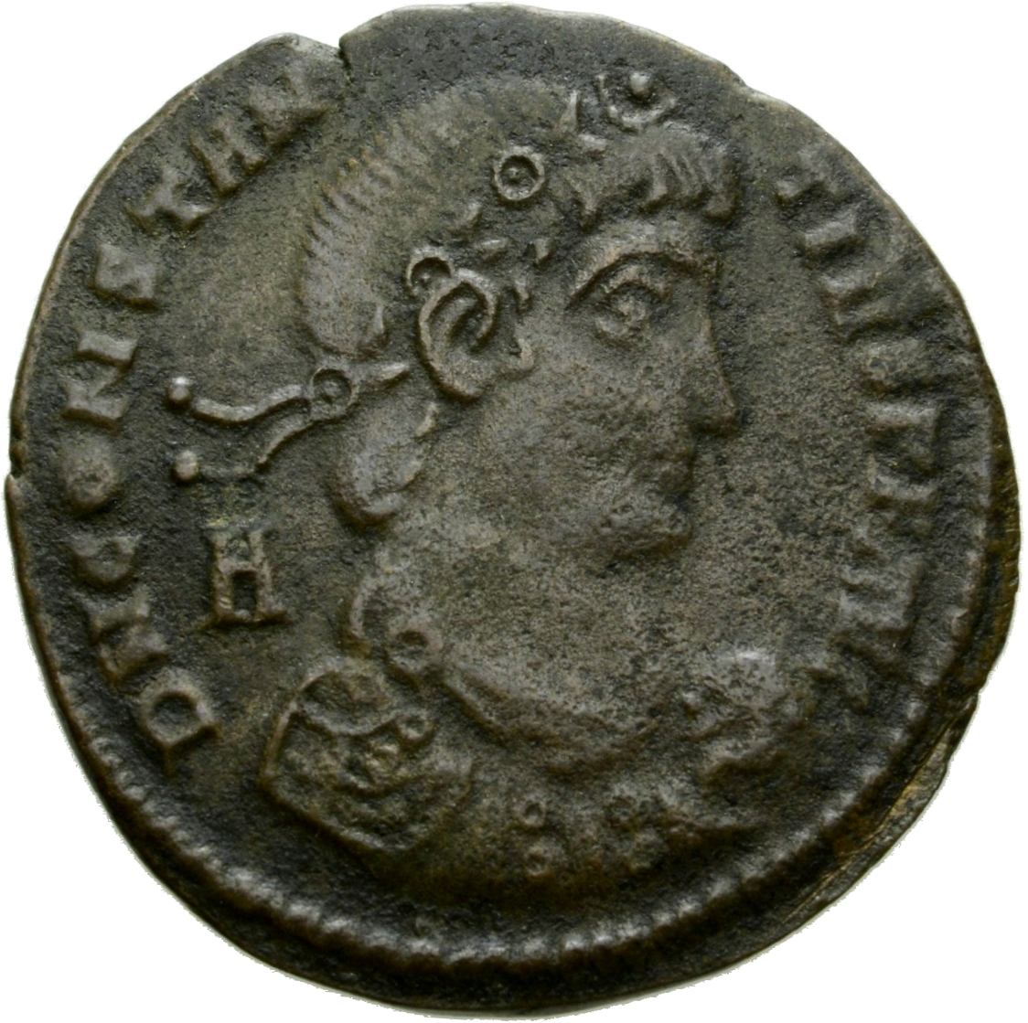 RIC VIII Rome 176 Magnentius obverse, Bust of Constantius II, laureate, rosette-diademed, draped, cuirassed, right, holdin...